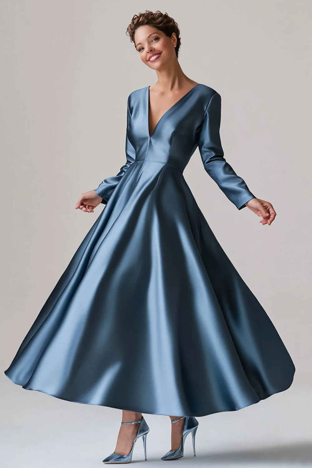 Blue A-Line V Neck Long Sleeves Satin Long Mother Of The Bride Dress sold by Zapaka