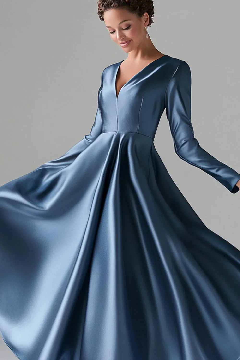 Blue A-Line V Neck Long Sleeves Satin Long Mother Of The Bride Dress sold by Zapaka product image thumbnail 2