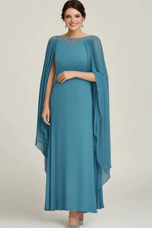 Blue Chiffon Boat Neck Long Mother Of The Bride Dress with Wrap sold by Zapaka