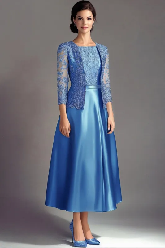Blue A Line Lace Satin Long Sleeves Mother Of The Bride Dress sold by Zapaka