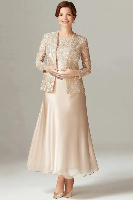 A-Line Champagne Chiffon 2-Piece Mother of the Bride Dress made by Zapaka