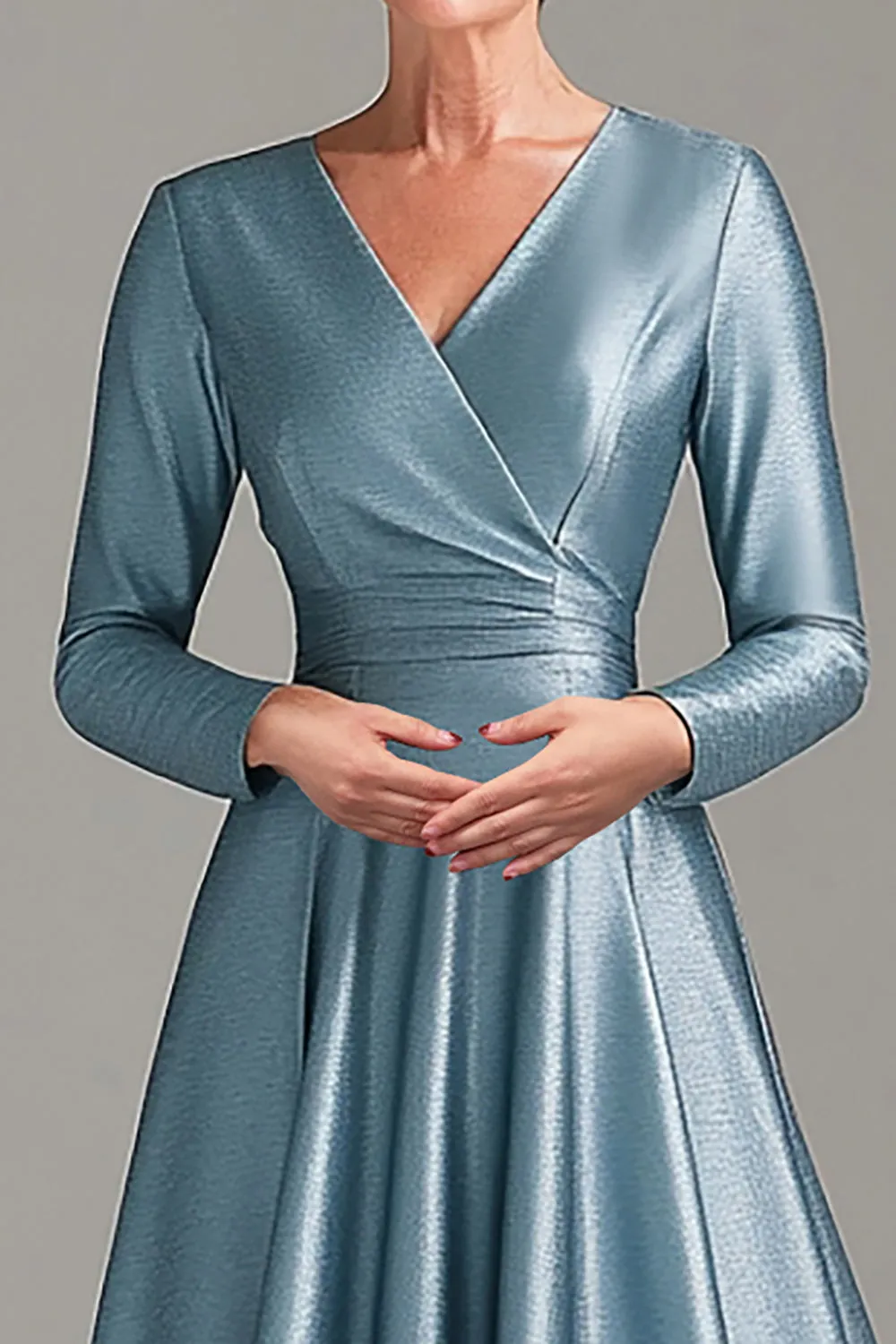 A Line Grey Blue V Neck Mother Of the Bride Dress with Long Sleeves sold by Zapaka product image thumbnail 2