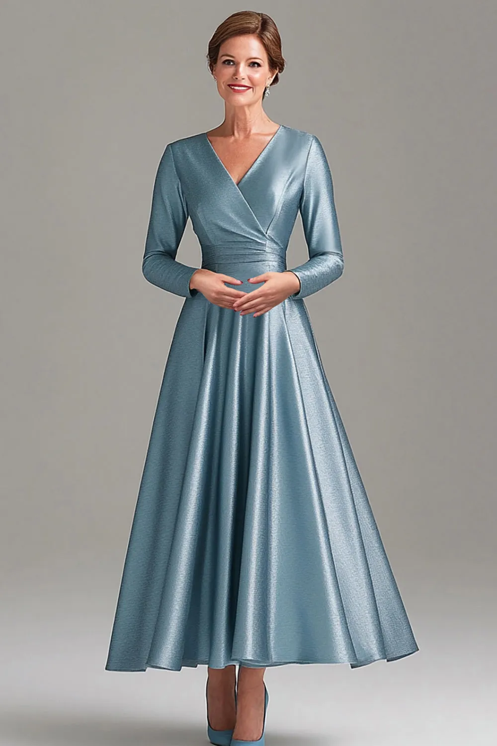 A Line Grey Blue V Neck Mother Of the Bride Dress with Long Sleeves sold by Zapaka