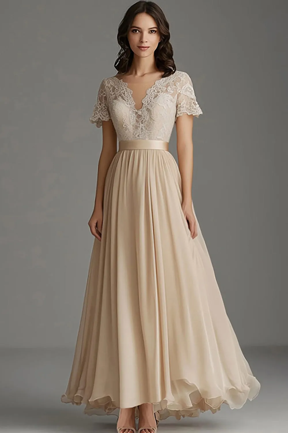 A Line Champagne Tulle V Neck Pleated Mother Of The Bride Dress sold by Zapaka