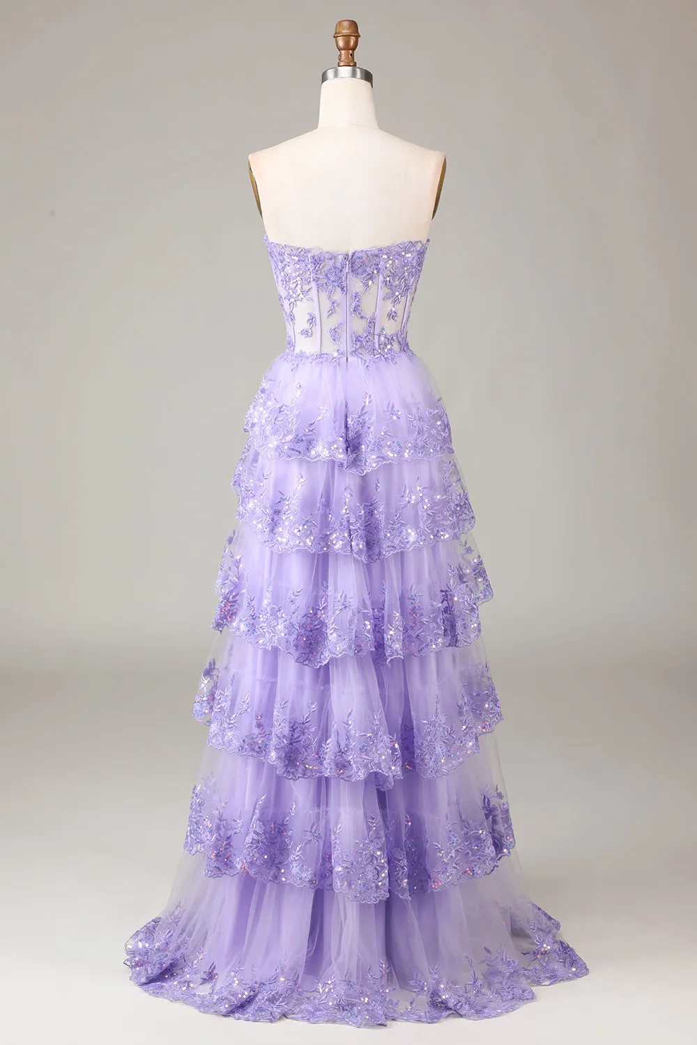 Lavender Strapless Tiered Tulle Corset Prom Dress with Appliques sold by Zapaka product image thumbnail 2