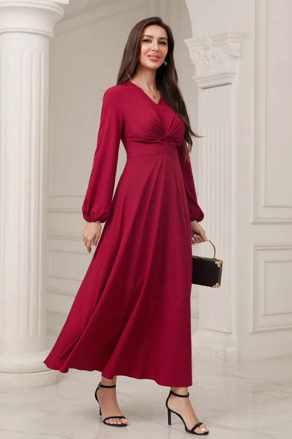 A-Line V-Neck Burgundy Formal Dress with Long Sleeves sold by Zapaka product image thumbnail 5