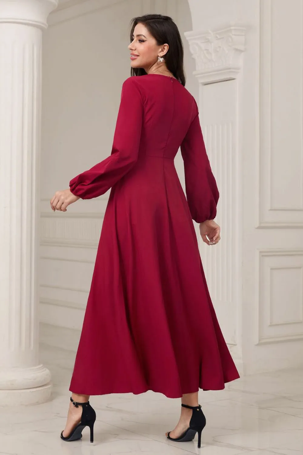 A-Line V-Neck Burgundy Formal Dress with Long Sleeves sold by Zapaka product image thumbnail 2