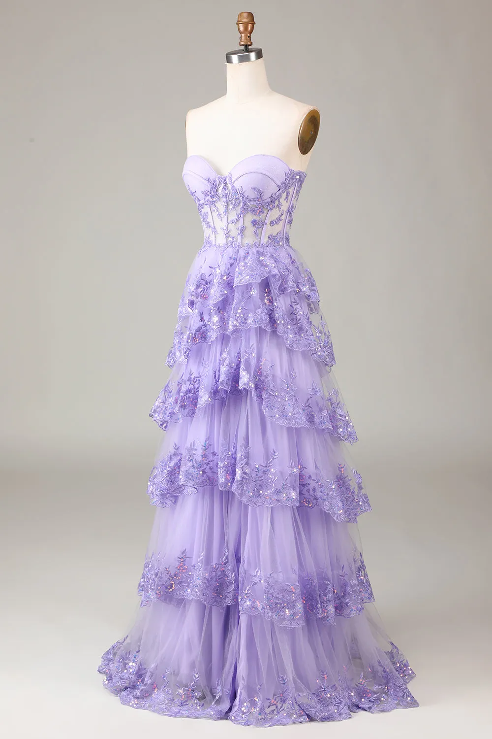 Lavender Strapless Tiered Tulle Corset Prom Dress with Appliques sold by Zapaka product image thumbnail 4