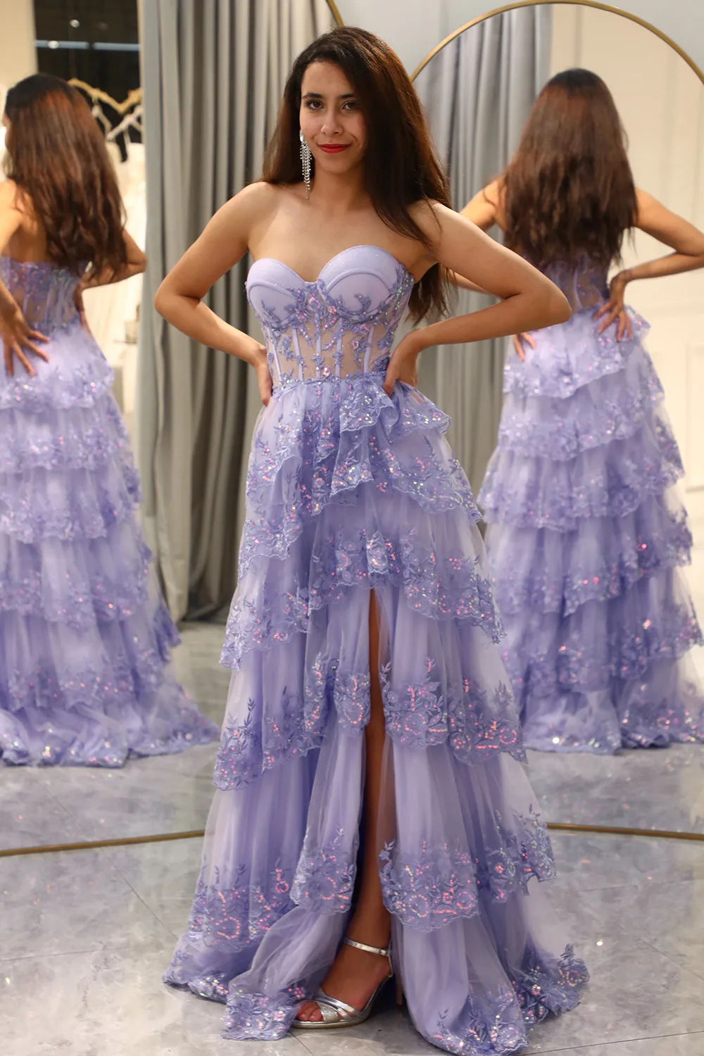 Lavender Strapless Tiered Tulle Corset Prom Dress with Appliques sold by Zapaka product image thumbnail 3