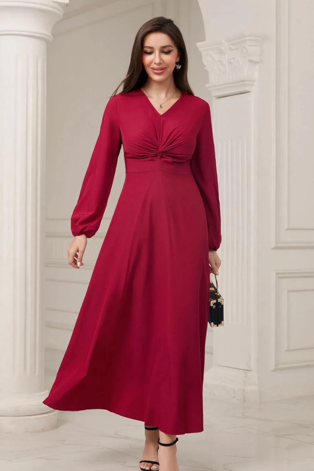 A-Line V-Neck Burgundy Formal Dress with Long Sleeves sold by Zapaka product image thumbnail 3