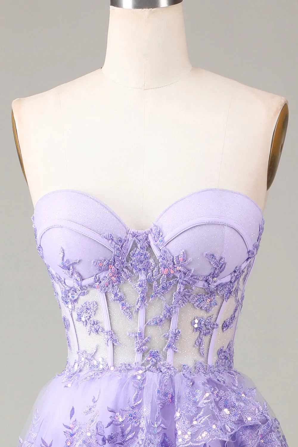 Lavender Strapless Tiered Tulle Corset Prom Dress with Appliques sold by Zapaka product image thumbnail 5