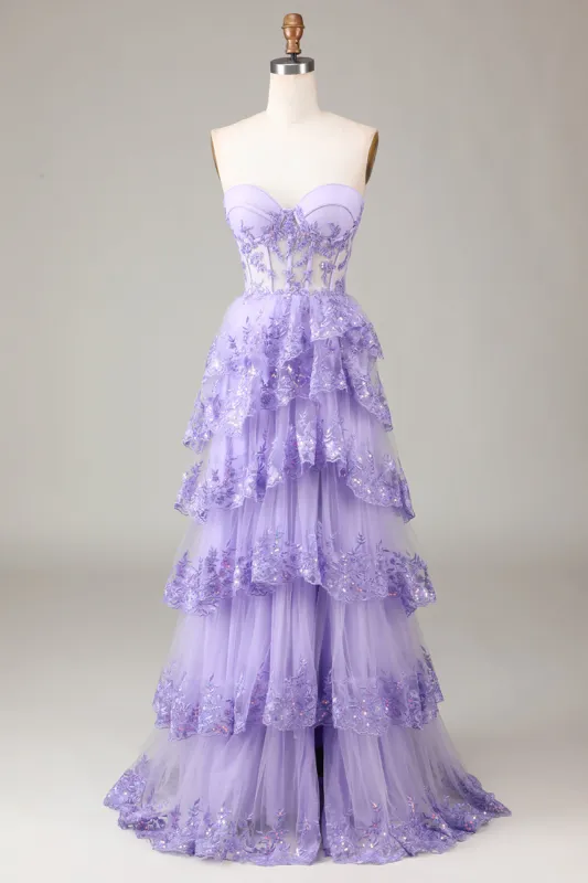 Lavender Strapless Tiered Tulle Corset Prom Dress with Appliques sold by Zapaka