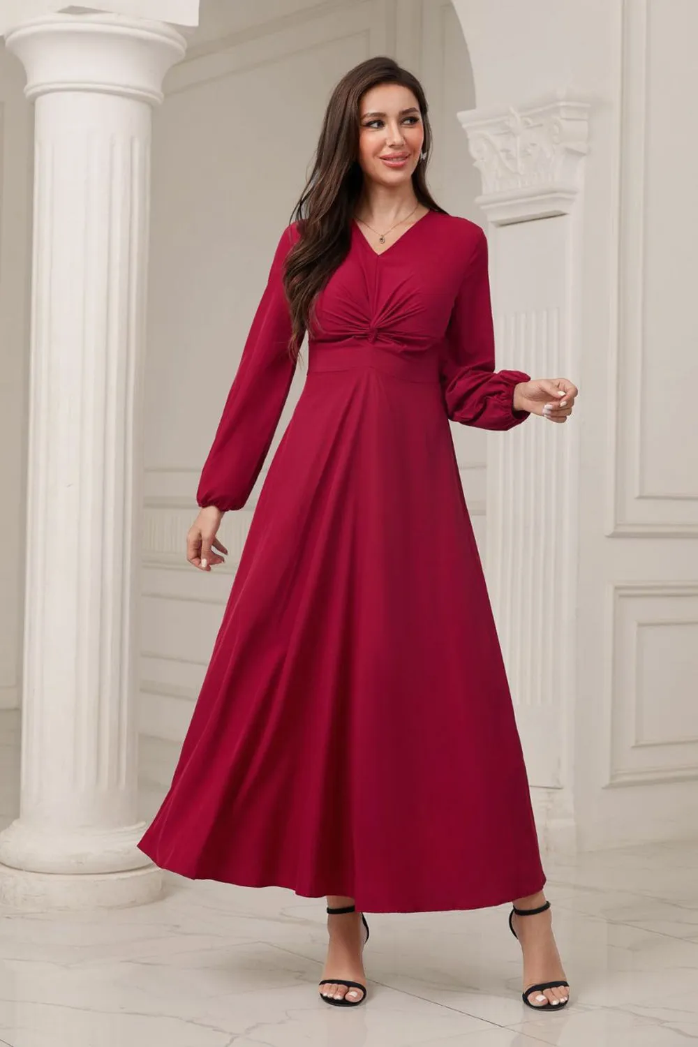 A-Line V-Neck Burgundy Formal Dress with Long Sleeves sold by Zapaka product image thumbnail 4