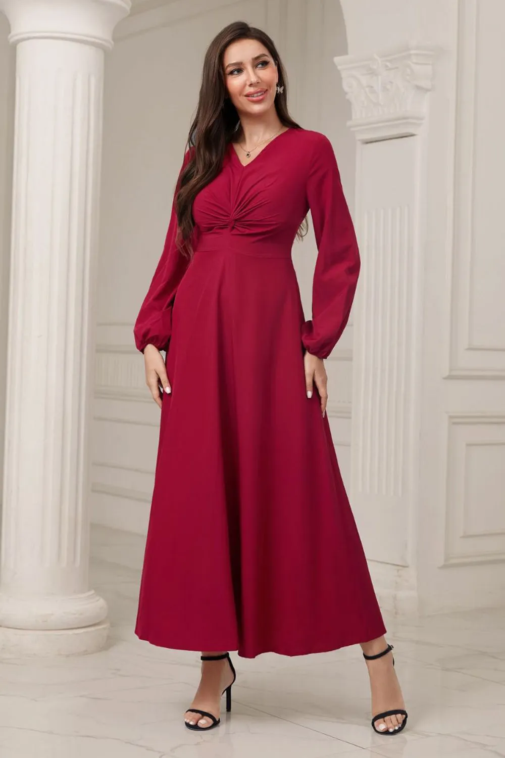 A-Line V-Neck Burgundy Formal Dress with Long Sleeves sold by Zapaka