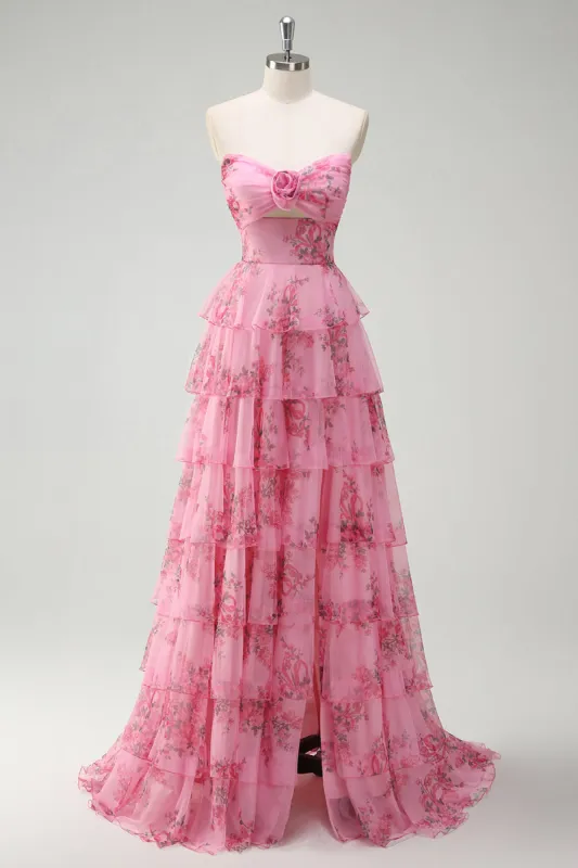 Blush Floral Printed Princess Sweetheart Tiered Long Prom Dress sold by Zapaka