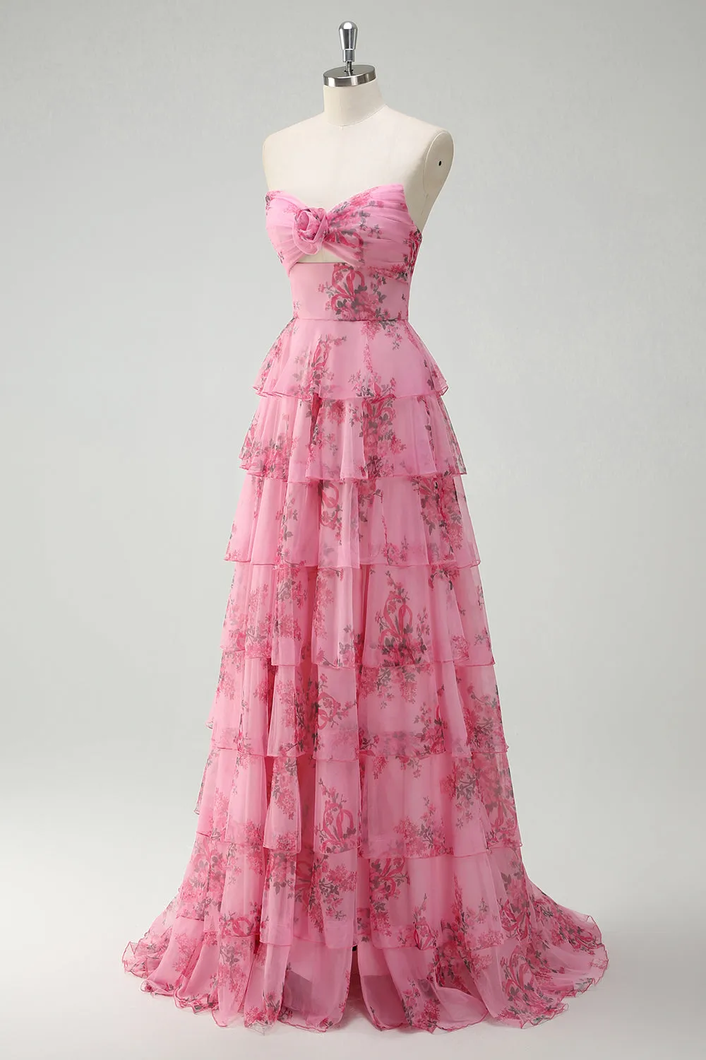 Blush Floral Printed Princess Sweetheart Tiered Long Prom Dress sold by Zapaka product image thumbnail 3