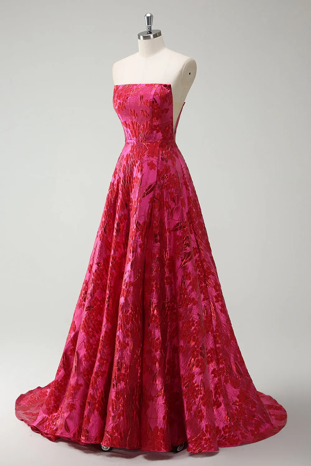 Fuchsia Floral Strapless A-Line Long Prom Dress sold by Zapaka product image thumbnail 3