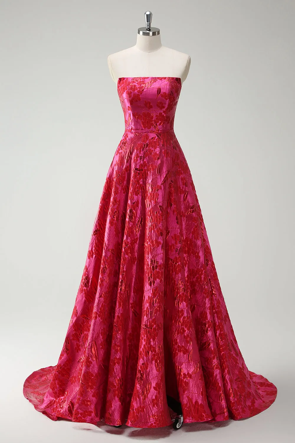 Fuchsia Floral Strapless A-Line Long Prom Dress sold by Zapaka
