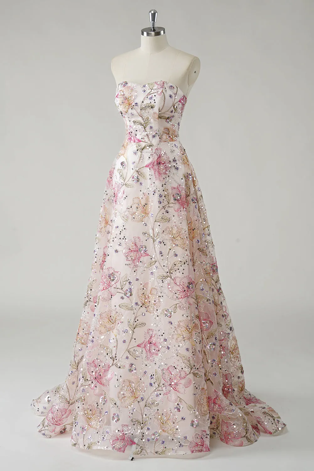 Sparkly Pink A-Line Strapless Sequin Floral Long Prom Dress sold by Zapaka product image thumbnail 3