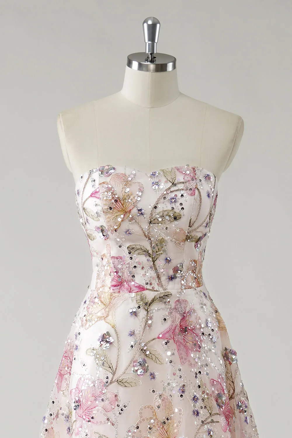 Sparkly Pink A-Line Strapless Sequin Floral Long Prom Dress sold by Zapaka product image thumbnail 4