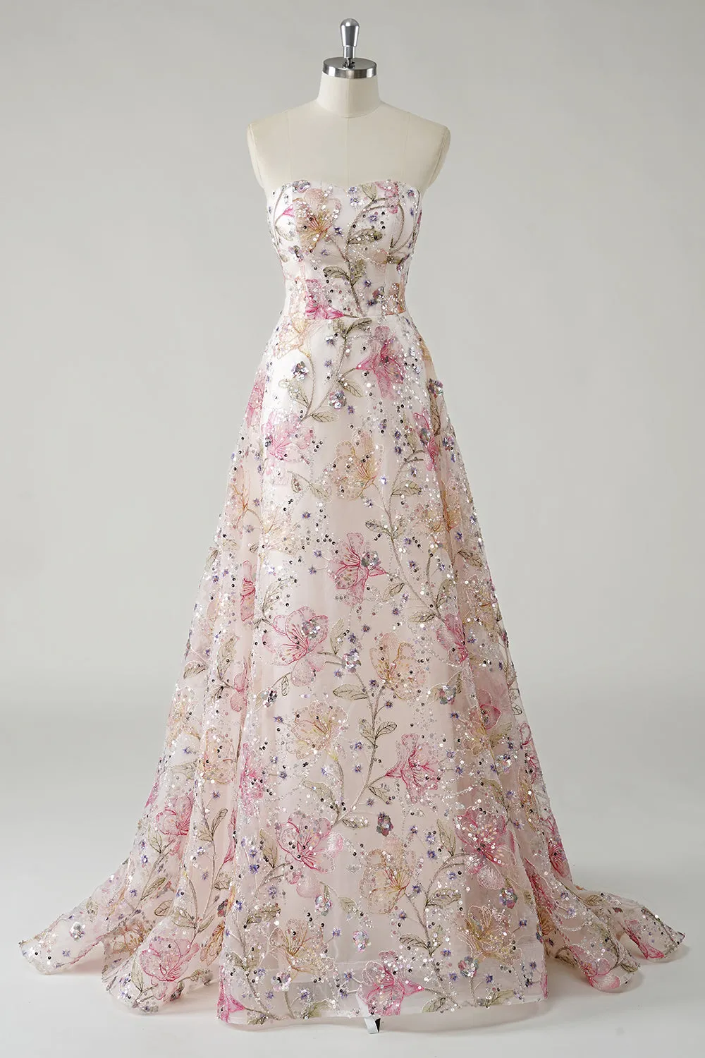 Sparkly Pink A-Line Strapless Sequin Floral Long Prom Dress sold by Zapaka