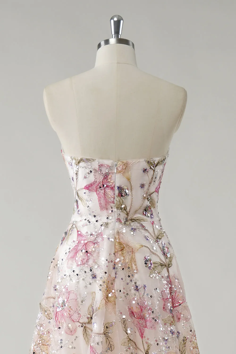 Sparkly Pink A-Line Strapless Sequin Floral Long Prom Dress sold by Zapaka product image thumbnail 5