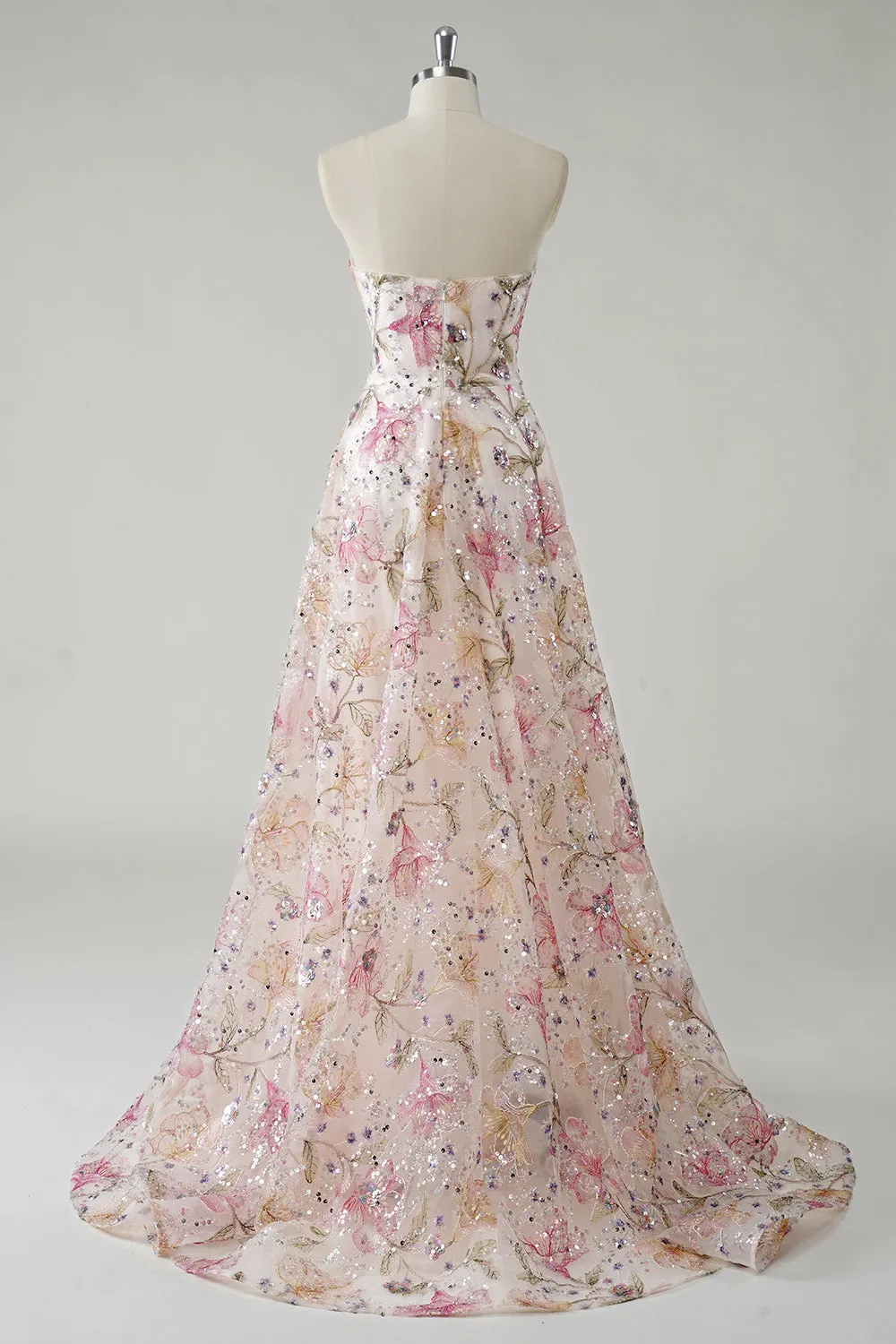 Sparkly Pink A-Line Strapless Sequin Floral Long Prom Dress sold by Zapaka product image thumbnail 2