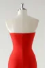 Sparkly Red Sheath Strapless Rhinestones Tea Length Prom Dress with Slit sold by Zapaka