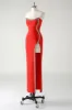 Sparkly Red Sheath Strapless Rhinestones Tea Length Prom Dress with Slit sold by Zapaka