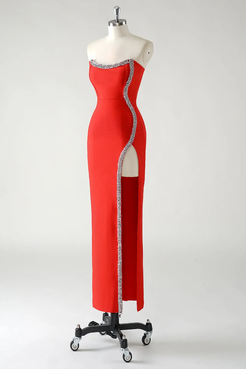 Sparkly Red Sheath Strapless Rhinestones Tea Length Prom Dress with Slit sold by Zapaka product image thumbnail 3