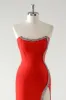 Sparkly Red Sheath Strapless Rhinestones Tea Length Prom Dress with Slit sold by Zapaka