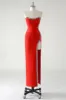 Sparkly Red Sheath Strapless Rhinestones Tea Length Prom Dress with Slit sold by Zapaka
