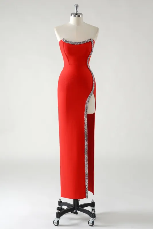 Sparkly Red Sheath Strapless Rhinestones Tea Length Prom Dress with Slit sold by Zapaka