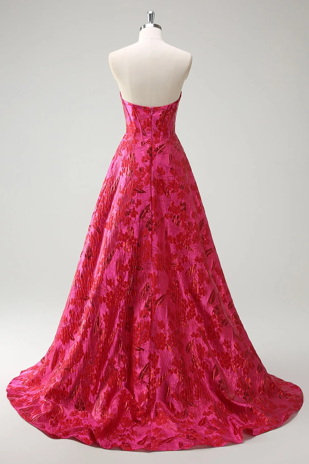 Fuchsia Floral Jacquard Sweetheart Princess Long Corset Prom Dress with Slit sold by Zapaka product image thumbnail 2