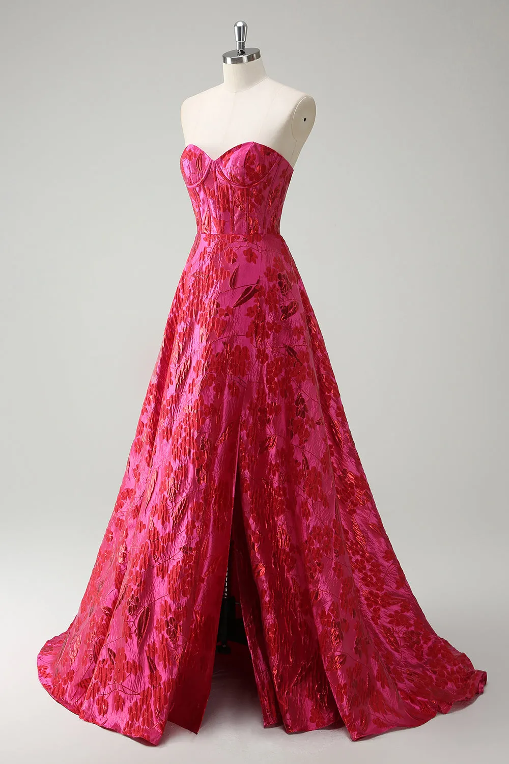 Fuchsia Floral Jacquard Sweetheart Princess Long Corset Prom Dress with Slit sold by Zapaka product image thumbnail 3
