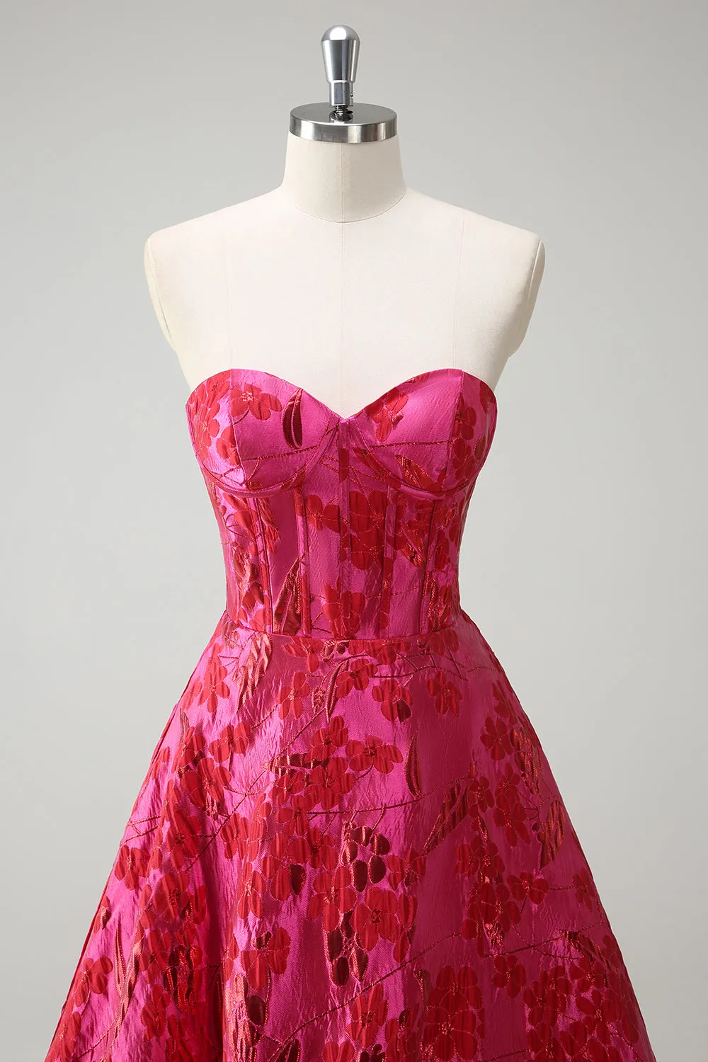 Fuchsia Floral Jacquard Sweetheart Princess Long Corset Prom Dress with Slit sold by Zapaka product image thumbnail 4