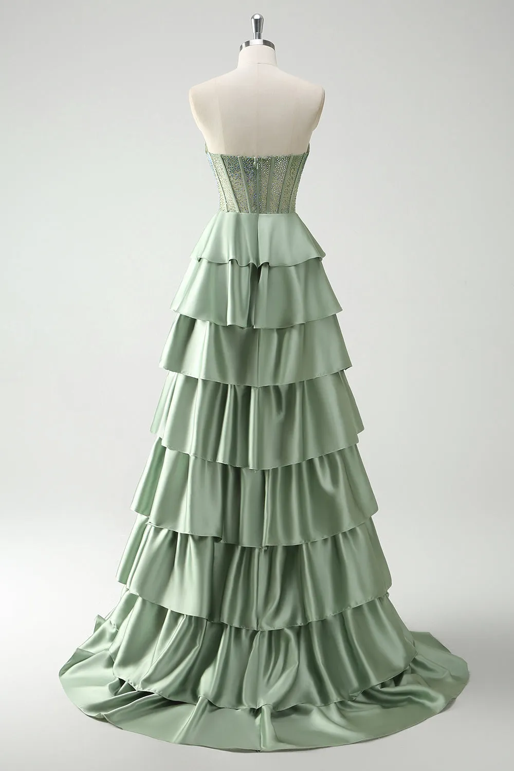 Green Sweetheart Princess Satin Tiered Long Corset Prom Dress with Slit sold by Zapaka product image thumbnail 2