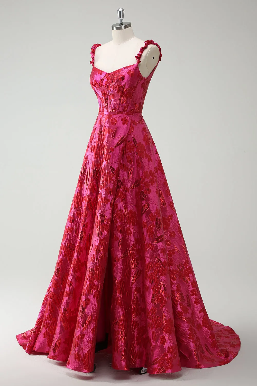 Fuchsia A-Line Spaghetti Straps Floral Jacquard Long Prom Dress with Slit sold by Zapaka product image thumbnail 3
