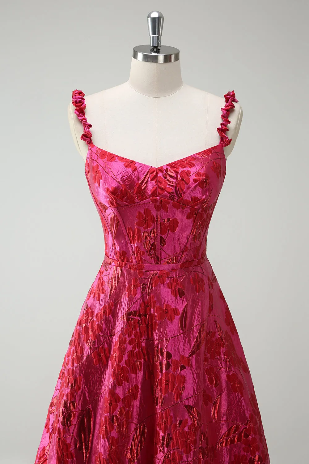 Fuchsia A-Line Spaghetti Straps Floral Jacquard Long Prom Dress with Slit sold by Zapaka product image thumbnail 4