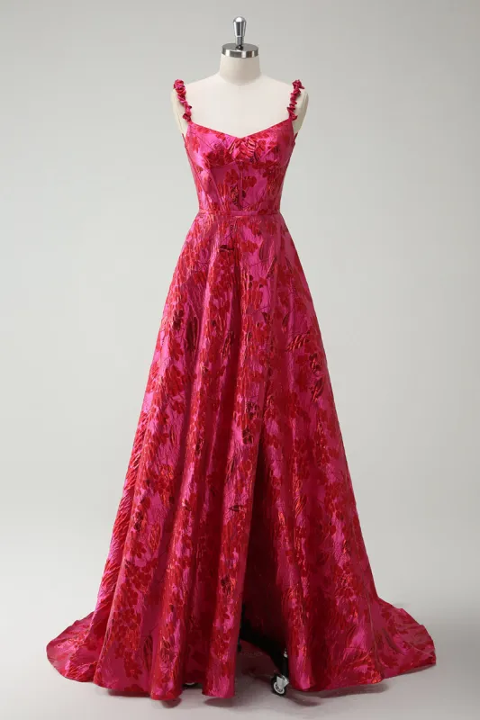 Fuchsia A-Line Spaghetti Straps Floral Jacquard Long Prom Dress with Slit sold by Zapaka