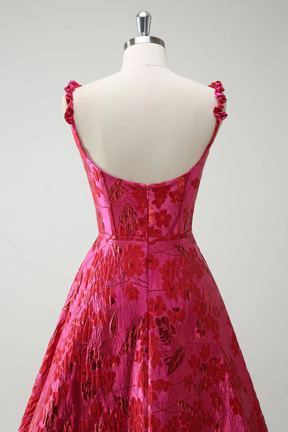Fuchsia A-Line Spaghetti Straps Floral Jacquard Long Prom Dress with Slit sold by Zapaka product image thumbnail 5