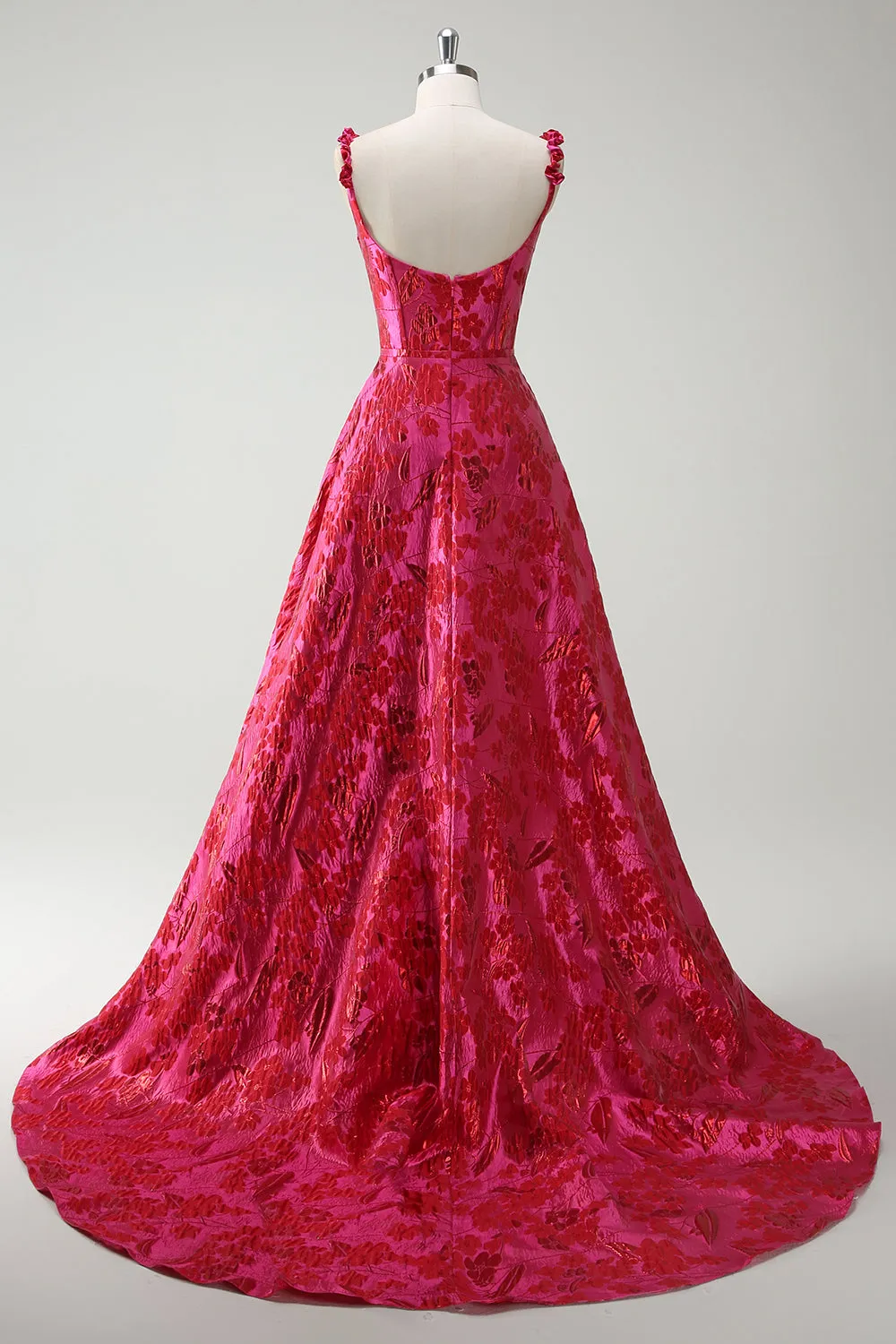 Fuchsia A-Line Spaghetti Straps Floral Jacquard Long Prom Dress with Slit sold by Zapaka product image thumbnail 2
