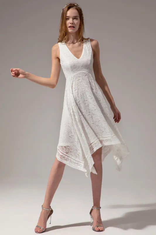 Asymmetrical V-neck Lace Dress sold by Zapaka