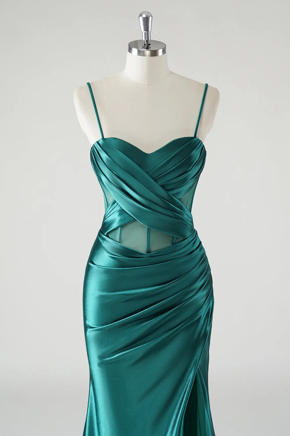 Dark Green Mermaid Satin Spaghetti Straps Long Prom Dress with Slit sold by Zapaka product image thumbnail 4