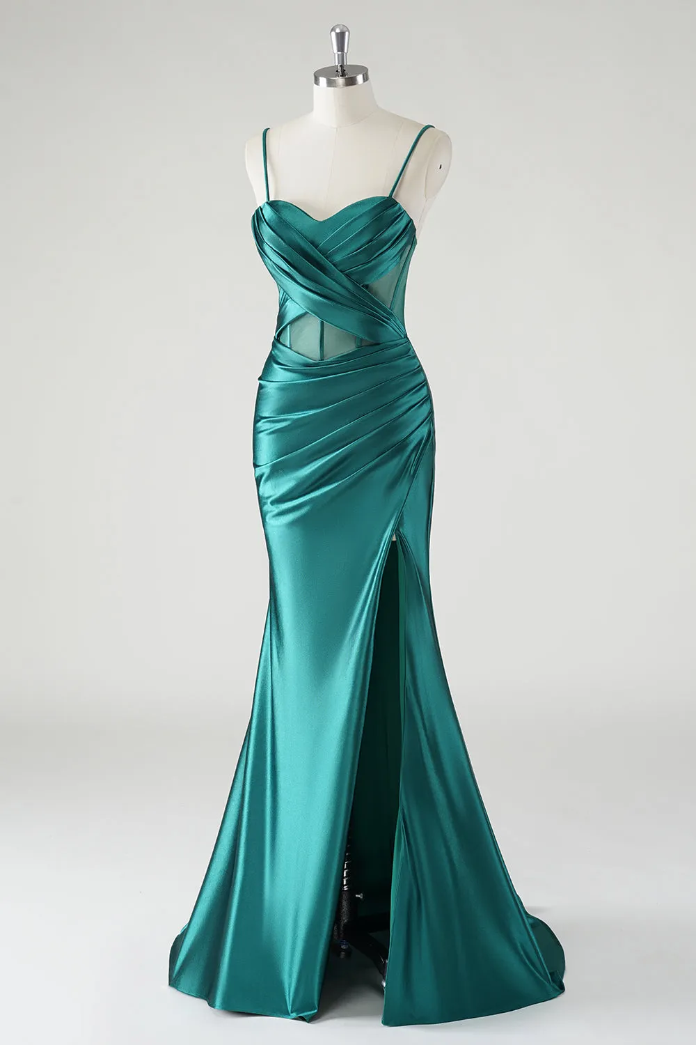 Dark Green Mermaid Satin Spaghetti Straps Long Prom Dress with Slit sold by Zapaka product image thumbnail 3