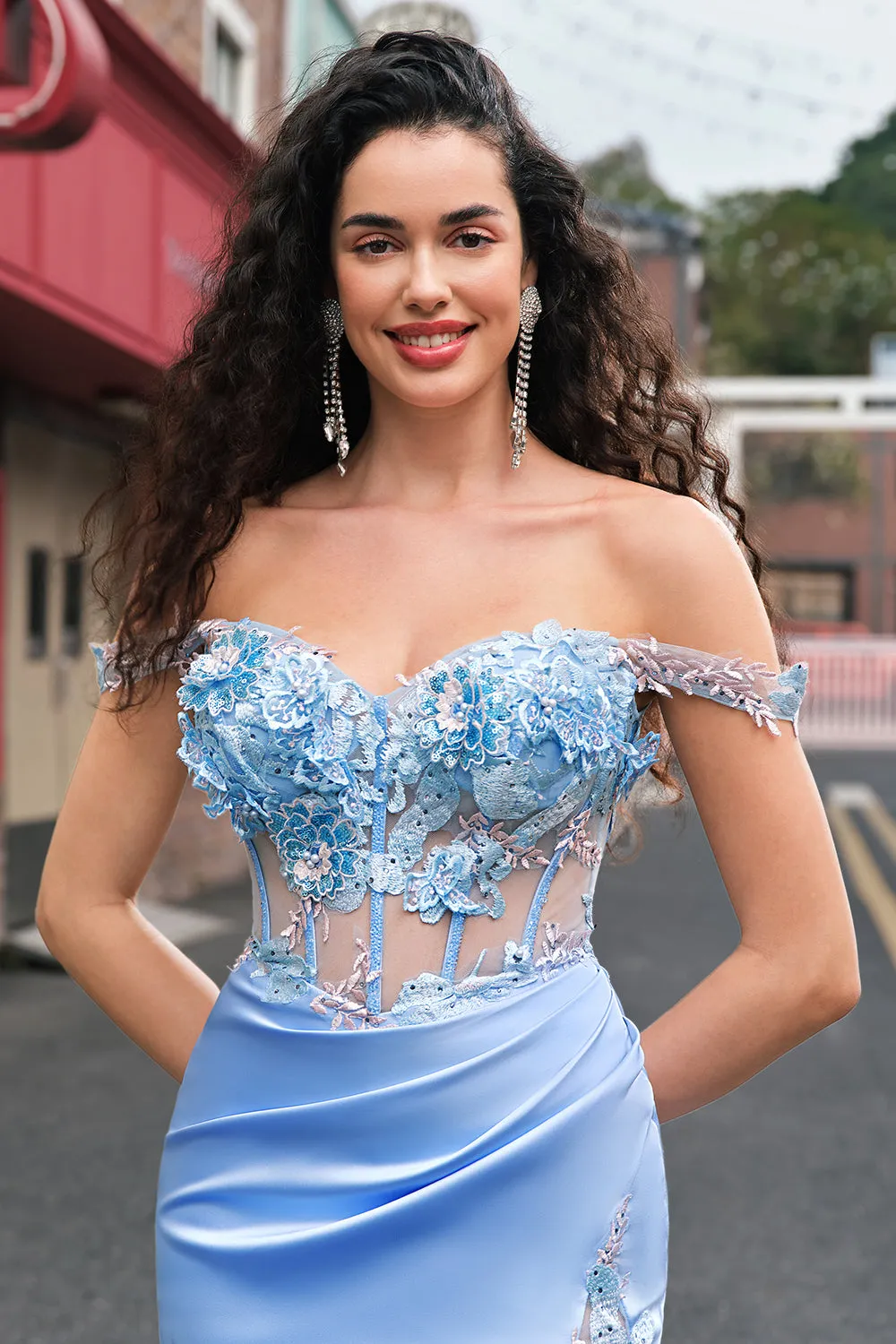 Mermaid Sky Blue Off The Shoulder Corset Long Prom Dress With Slit sold by Zapaka product image thumbnail 4