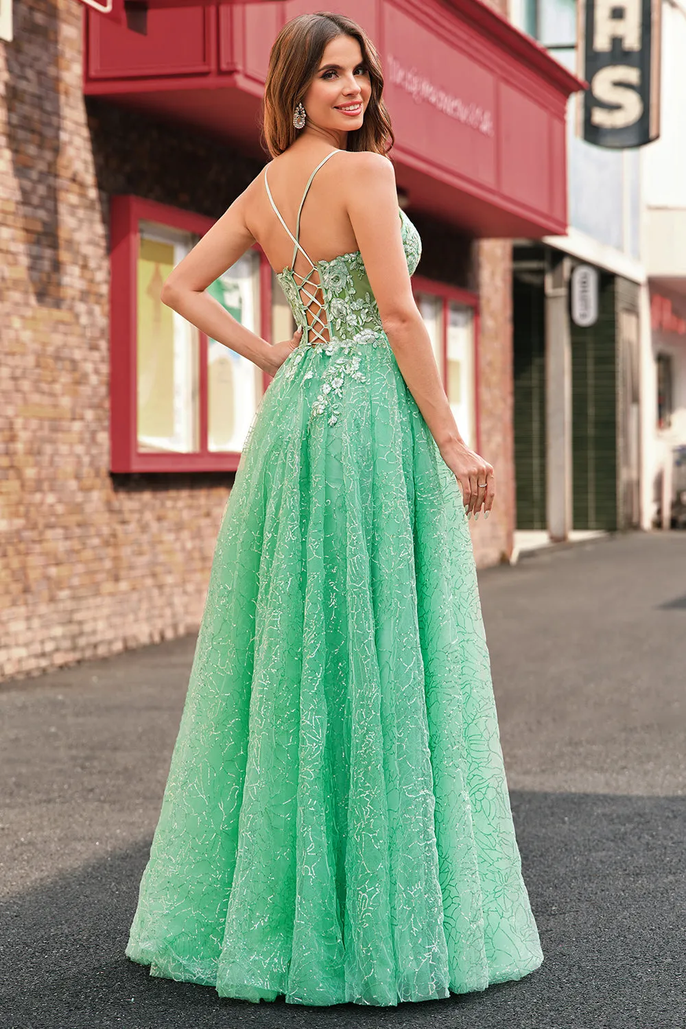 A Line Sparkly Light Green Spaghetti Straps Corset Tulle Prom Dress with Slit sold by Zapaka product image thumbnail 2
