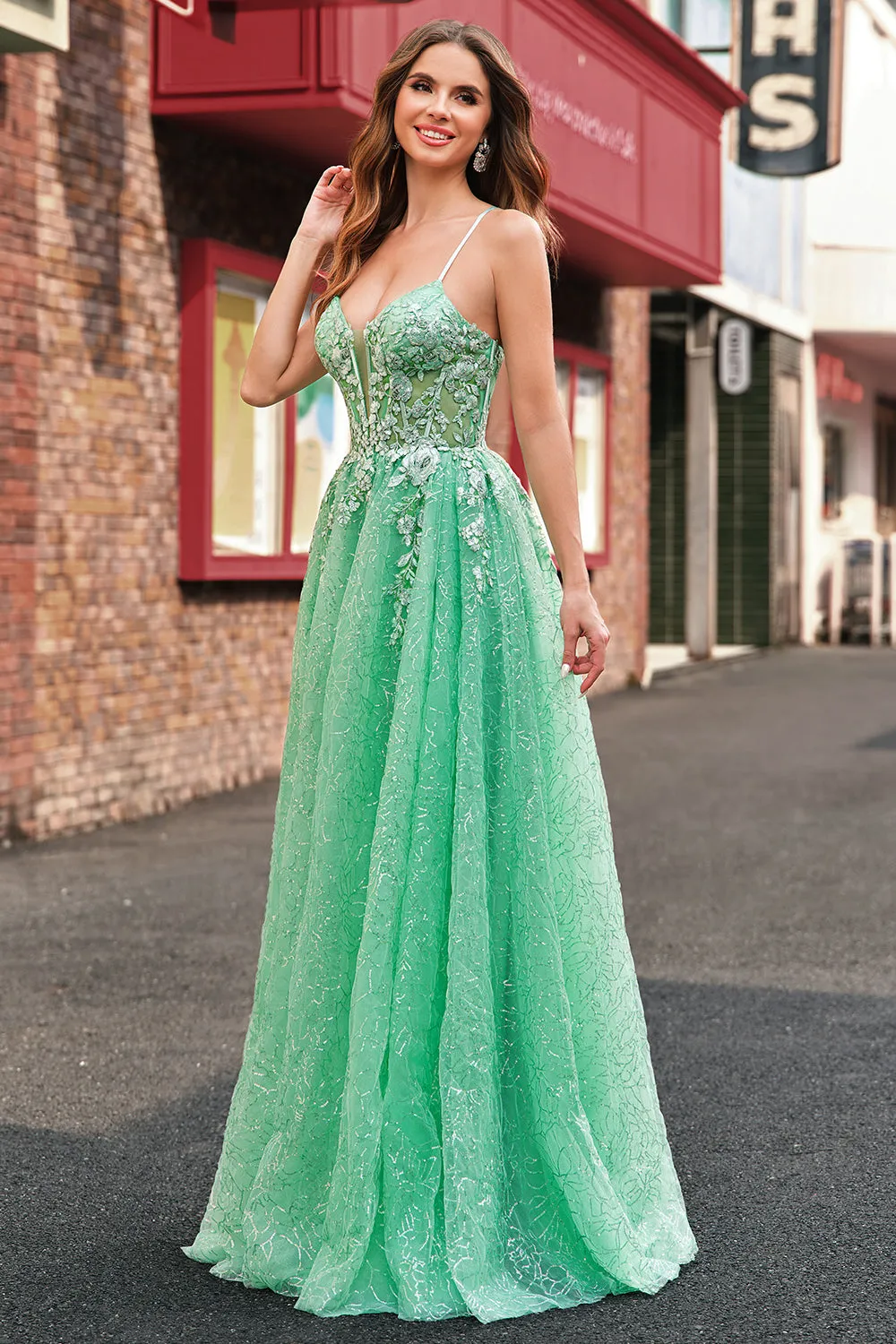 A Line Sparkly Light Green Spaghetti Straps Corset Tulle Prom Dress with Slit sold by Zapaka product image thumbnail 5