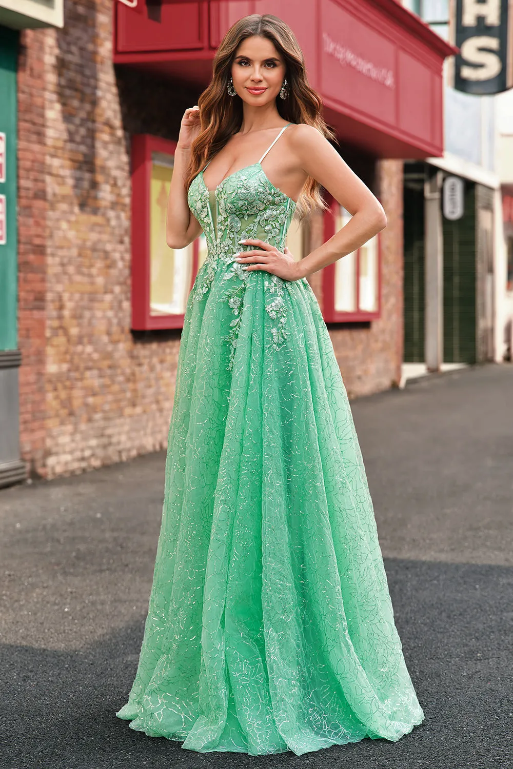 A Line Sparkly Light Green Spaghetti Straps Corset Tulle Prom Dress with Slit sold by Zapaka product image thumbnail 3