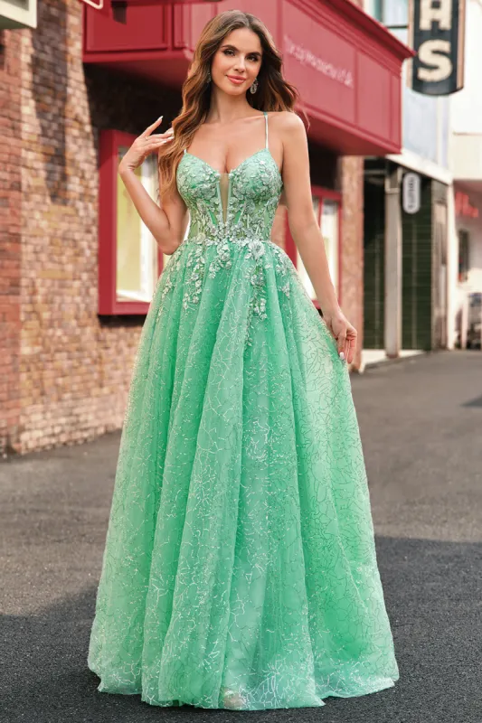 A Line Sparkly Light Green Spaghetti Straps Corset Tulle Prom Dress with Slit sold by Zapaka